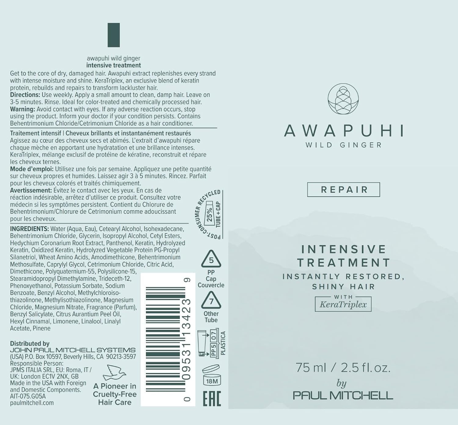 Awapuhi Wild Ginger by Paul Mitchell Intensive Treatment, Rebuilds + Repairs, for Dry, Damaged + Color-Treated Hair