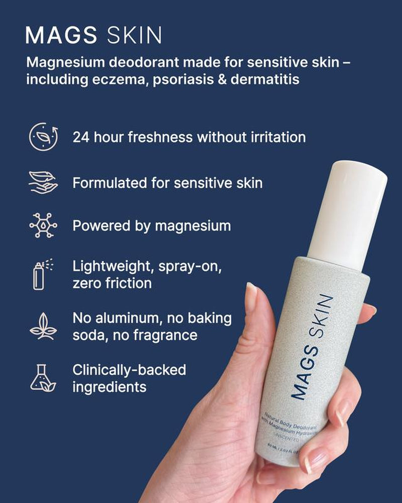MAGS Skin Deodorant for Sensitive Skin - Magnesium Formula, 24-Hour Freshness, No Irritation, Clinically Backed, Lightweight Spray-On