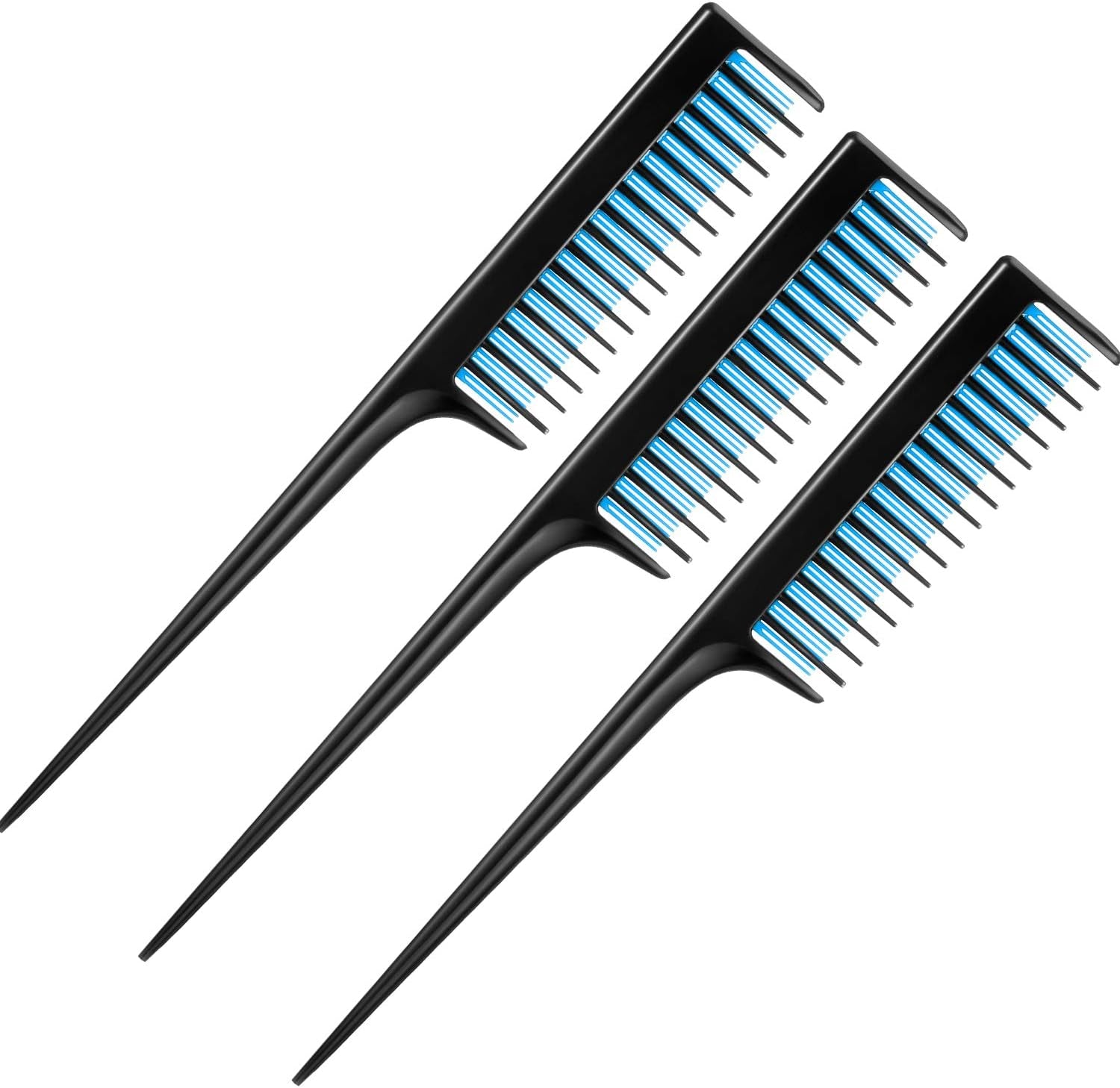 3 Pcs Triple Teasing Comb for Women Plastic Rat Tail Comb Heat Resistant Pintail Tease Layer Tool for Thick Fine Hair Styling Backcombing Volume Structure(Black and Blue)