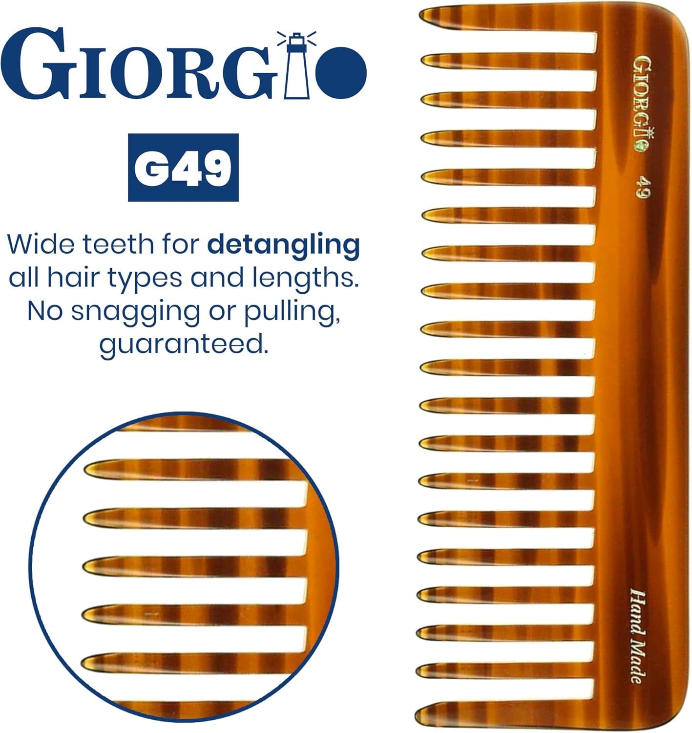 G49 Large 5.75 Inch Hair Detangling Comb, Wide Teeth for Thick Curly Wavy Hair. Long Hair Detangler Comb for Wet and Dry. Handmade of Quality Cellulose, Saw-Cut, Hand Polished, Tortoise Shell