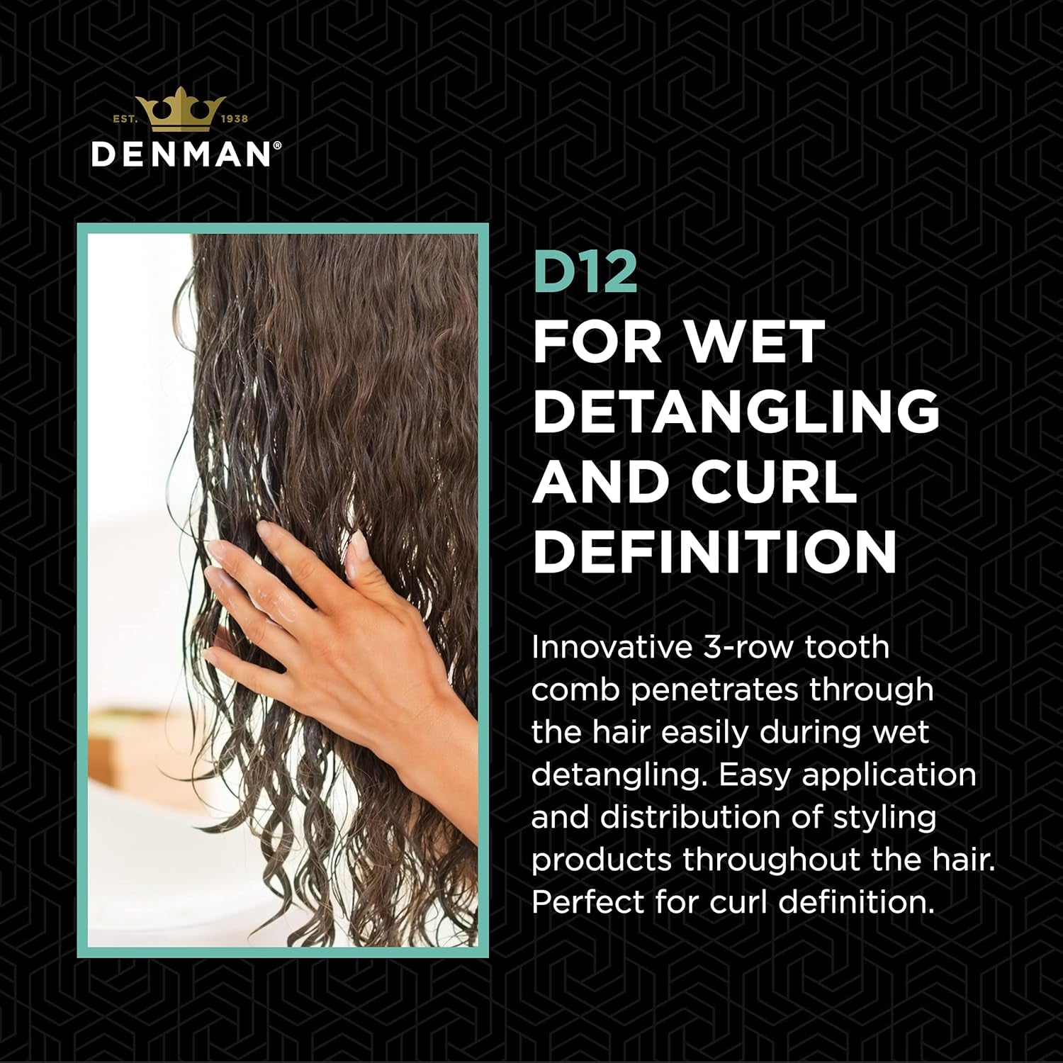 3 Row Detangle and Tease Styling Comb (BLACK) for Wet Detangling, Backcombing and Separating Curls - D12