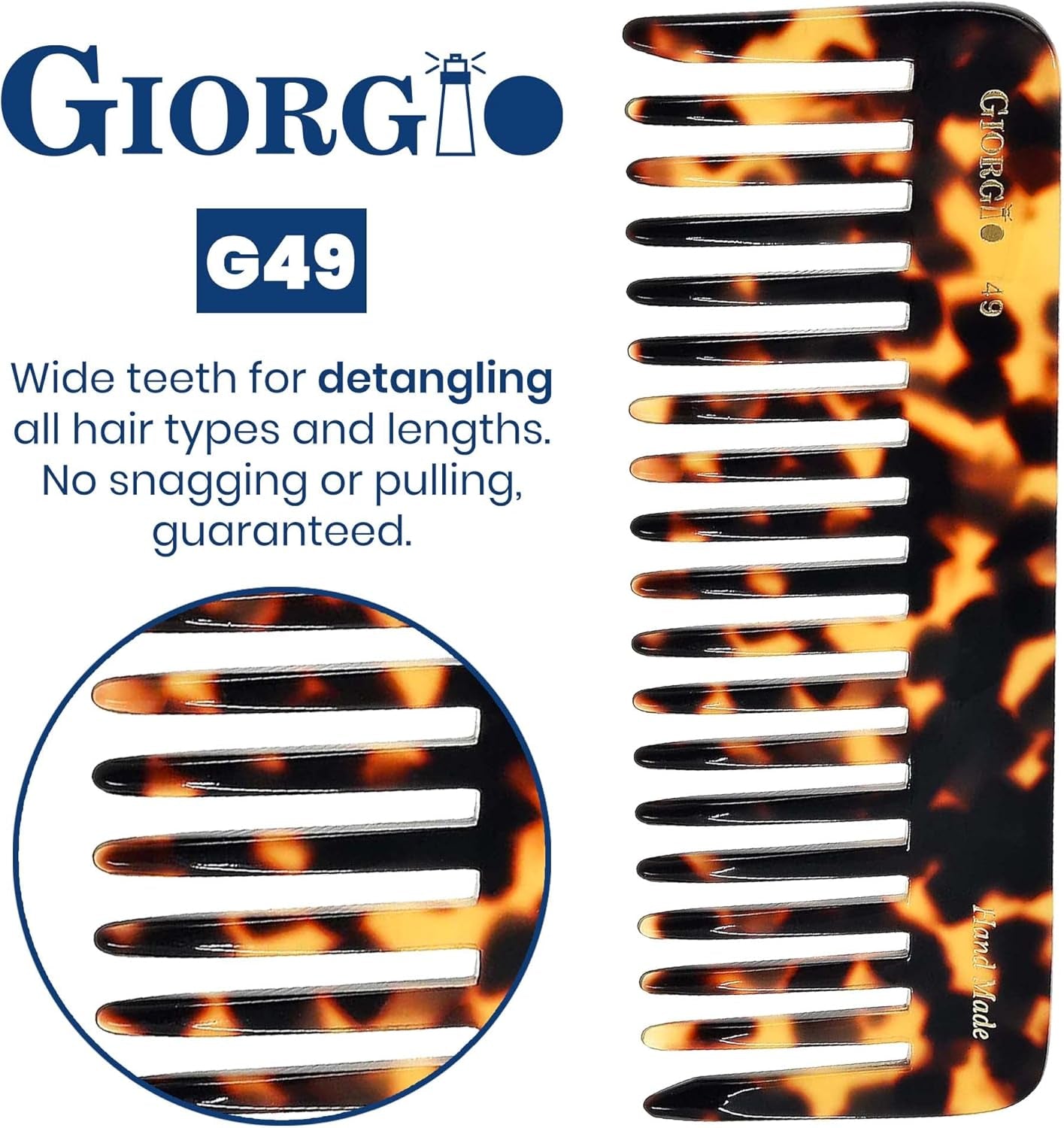 G49 Yellow Tokio, Large Hair Detangling Comb, Wide Teeth for Thick Curly Wavy Hair, Detangler Comb for Wet and Dry, Handmade of Quality Cellulose, Saw-Cut, Hand Polished