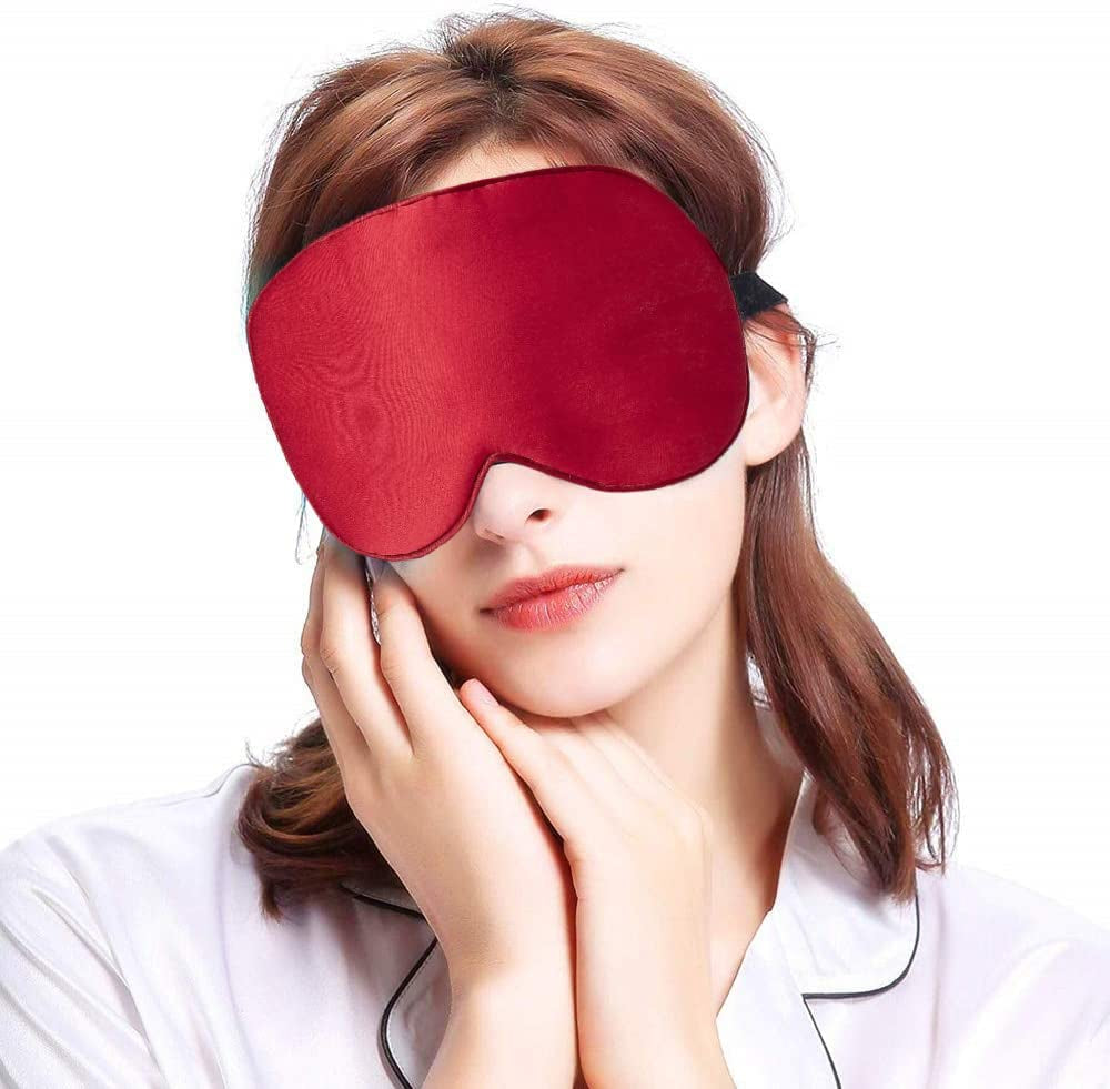 Silk Sleep Mask 100% Pure Silk Eye Mask with Sleep Earplug Adjustable Strap, Eye Sleeping Mask Night Mask Eye Shade Cover (Wine Red)