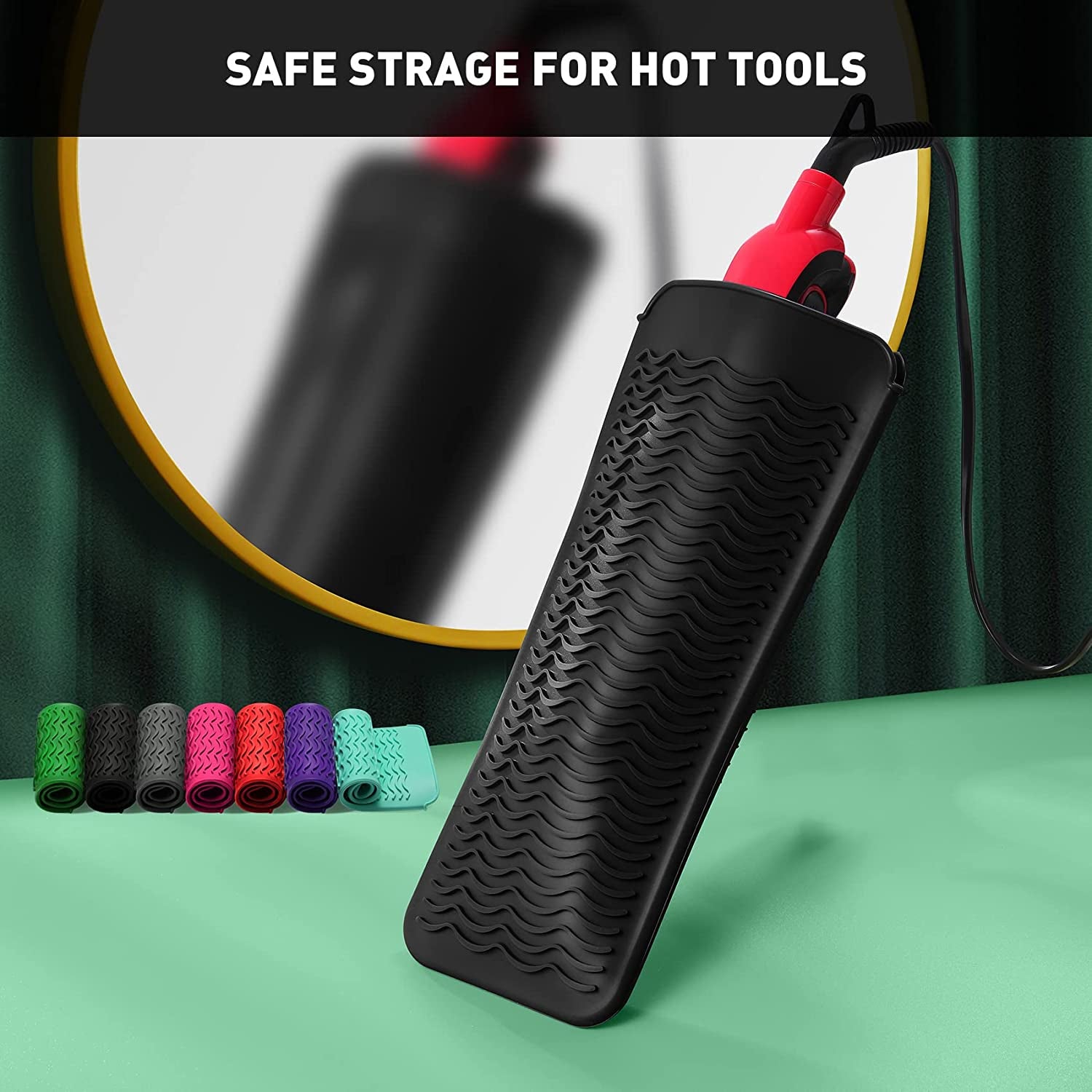 2 Pack Heat Resistant Silicone Mat Pouch for Flat Iron, Curling Iron,Hair Straightener,Hair Curling Wands,Hot Hair Tools (Purple & Black)