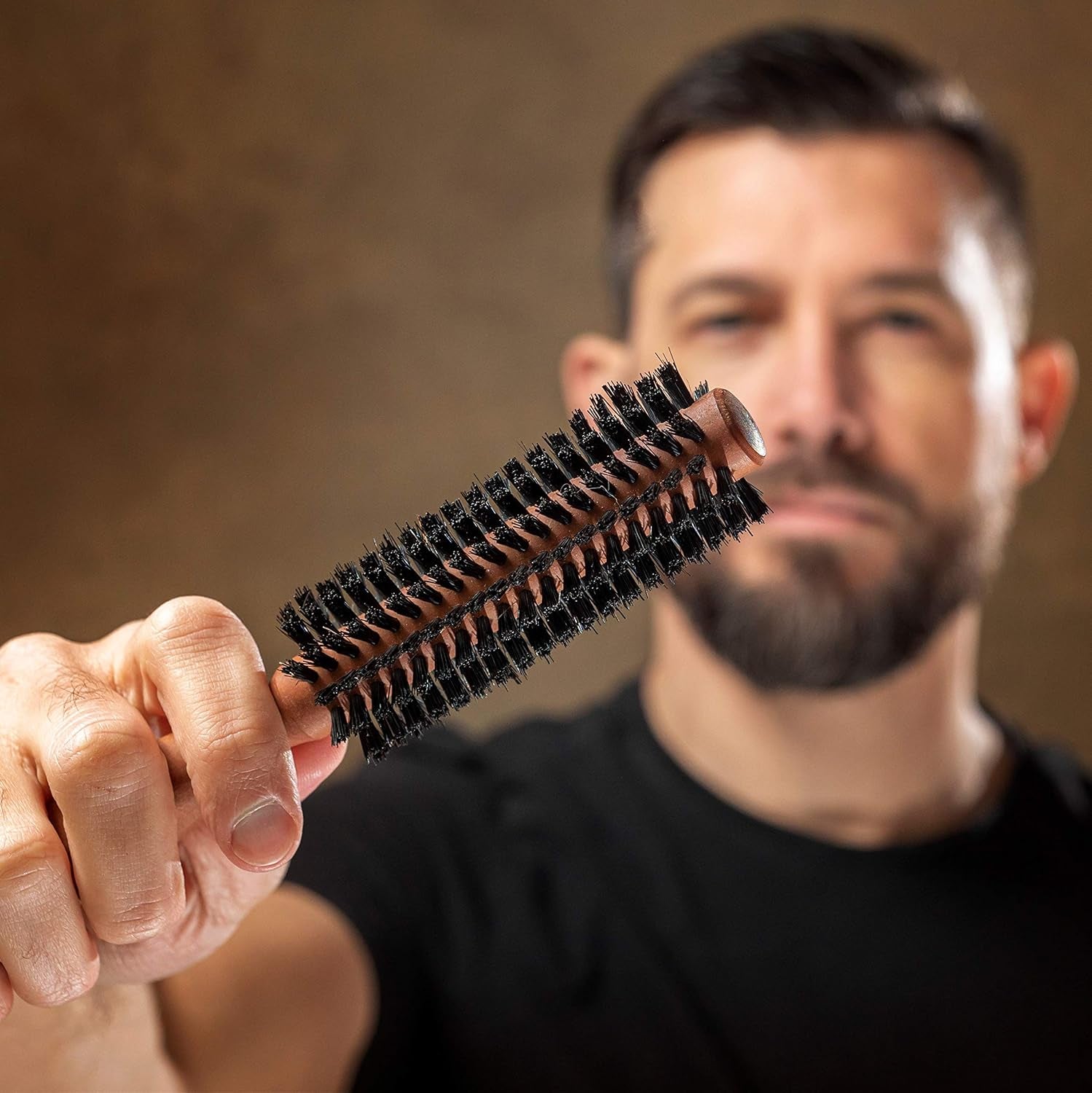 - Styler Hair and Beard Brush - round Brush, 1.3 Inch Stiff Boar Bristles and 8.5 Inch Pearwood Handle - 222 Plugs of Bristles - Beard Grooming Brush for Men