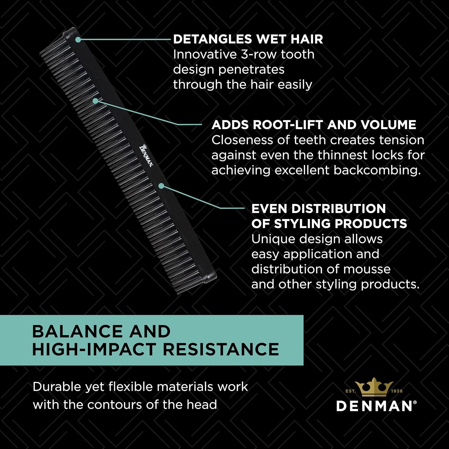 3 Row Detangle and Tease Styling Comb (BLACK) for Wet Detangling, Backcombing and Separating Curls - D12
