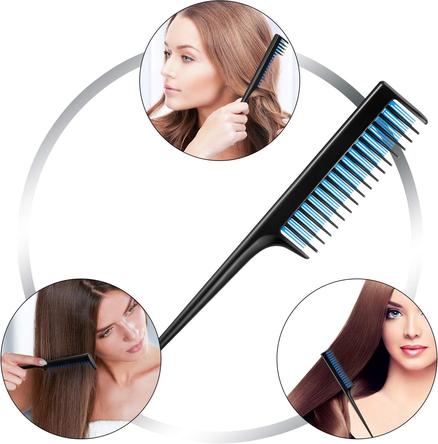 3 Pcs Triple Teasing Comb for Women Plastic Rat Tail Comb Heat Resistant Pintail Tease Layer Tool for Thick Fine Hair Styling Backcombing Volume Structure(Black and Blue)