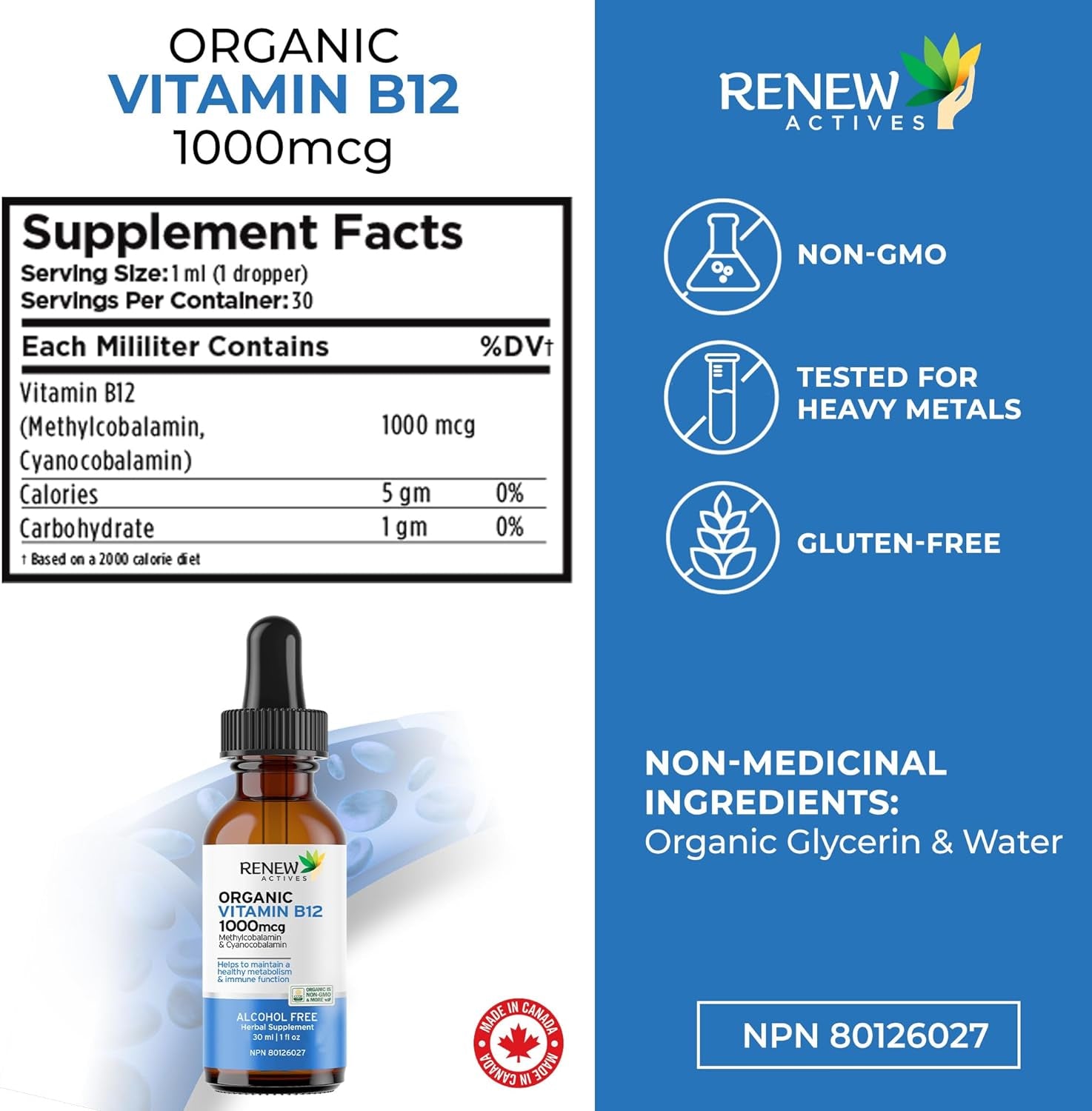 Premium B12 Liquid Extract Supplement 1000MCG per 1 Ml – Vegan Drops with High-Potency Complex for Healthy Skin, Strong Nails, Vibrant Hair & Immune Support– Made in Canada - 30 Ml
