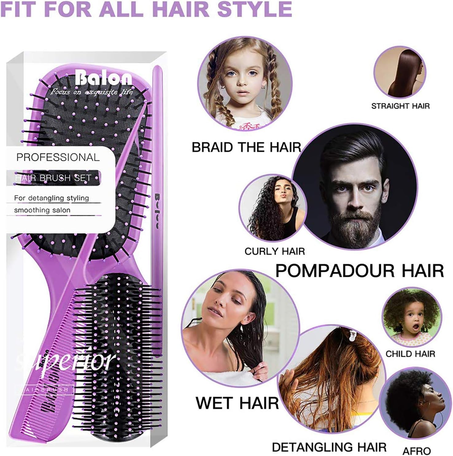 (Purple) - 4Pcs Hair Brush Women, Hair Comb for Women and Detangling Paddle Brush, Great on Wet or Dry Hair, No More Tangle Hair Brush Set for Straight Long Thick Curly Natural Hair (Purple)