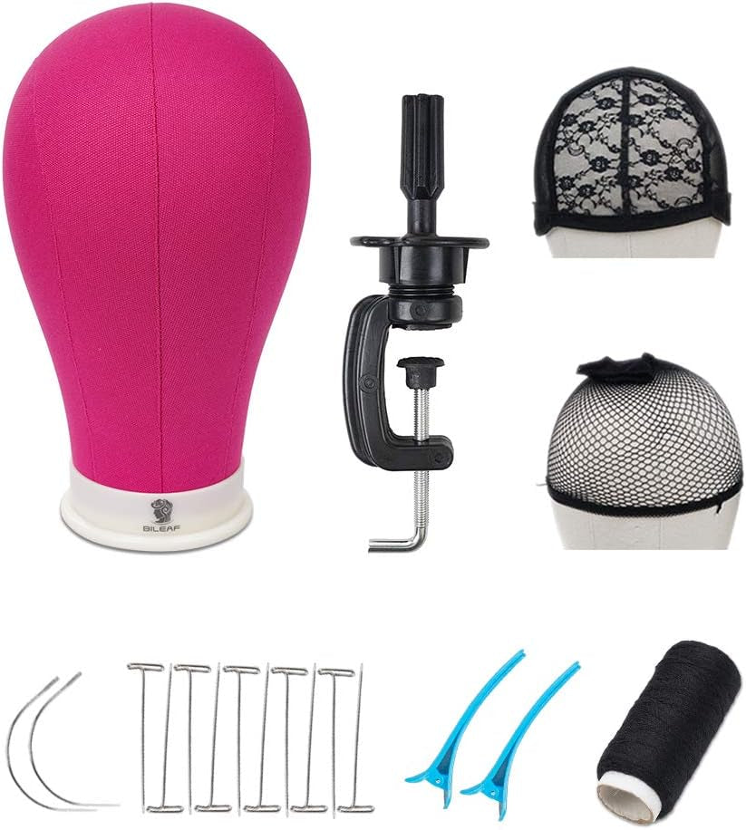 22 Inch Canvas Block Head Mannequin Wig Head with Stand Pink for Display with Mount Holes(Rosy)