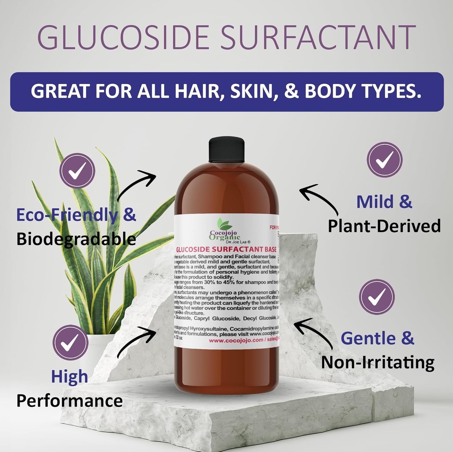 Glucoside Surfactant Base - Plant Derived All in One Natural Gentle Mild Rich Foaming Cleanser - Lauryl Decyl Coco Capryl Caprylyl Cosmetic Liquid Hand Soap Body Wash - 32 Oz