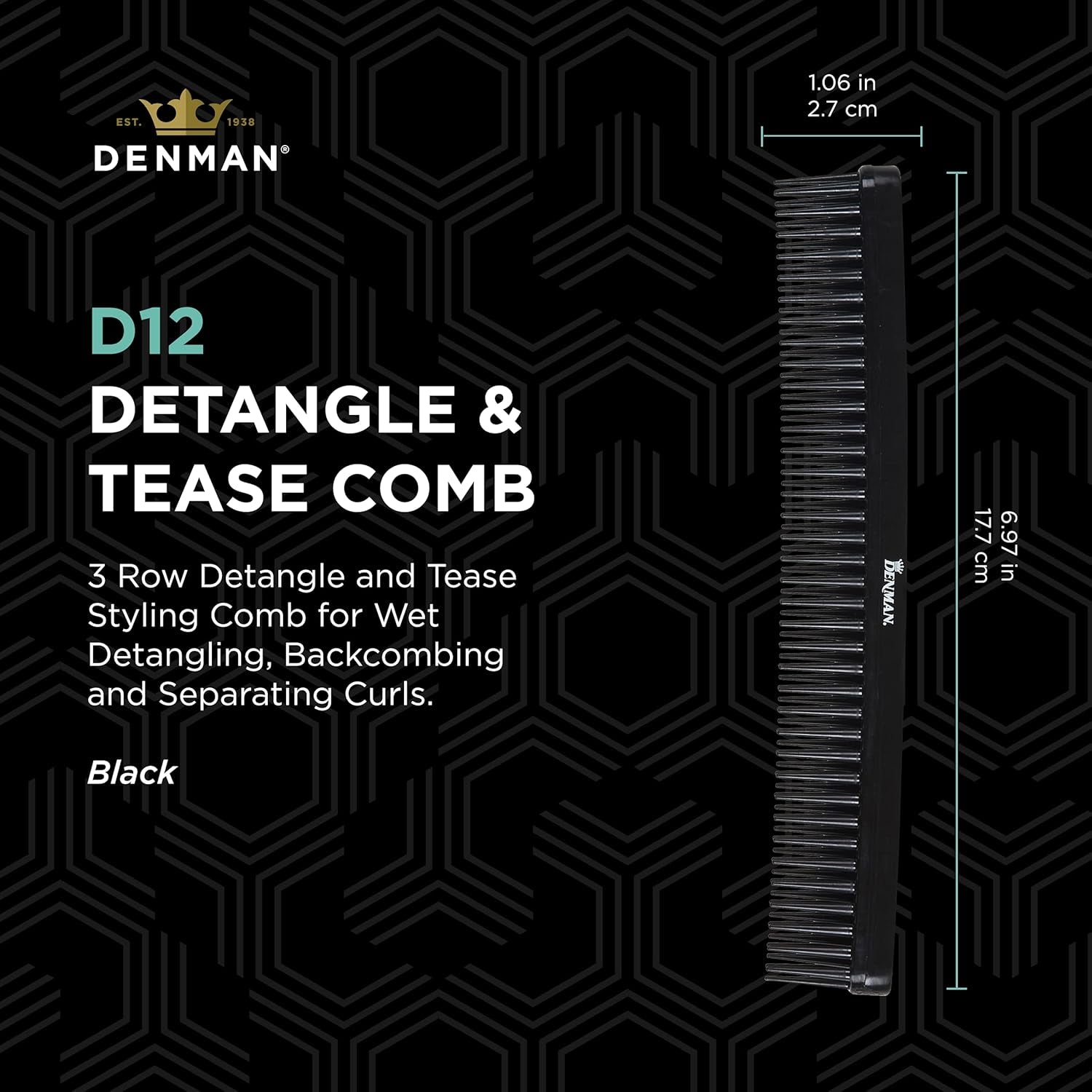 3 Row Detangle and Tease Styling Comb (BLACK) for Wet Detangling, Backcombing and Separating Curls - D12