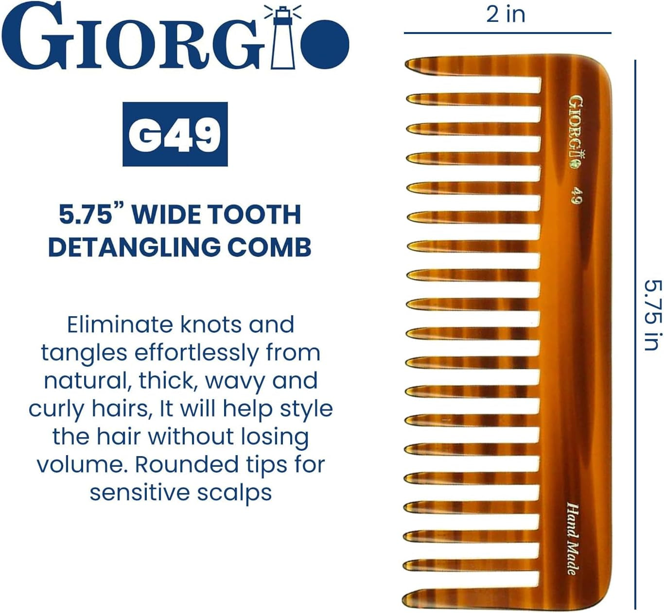 G49 Large 5.75 Inch Hair Detangling Comb, Wide Teeth for Thick Curly Wavy Hair. Long Hair Detangler Comb for Wet and Dry. Handmade of Quality Cellulose, Saw-Cut, Hand Polished, Tortoise Shell