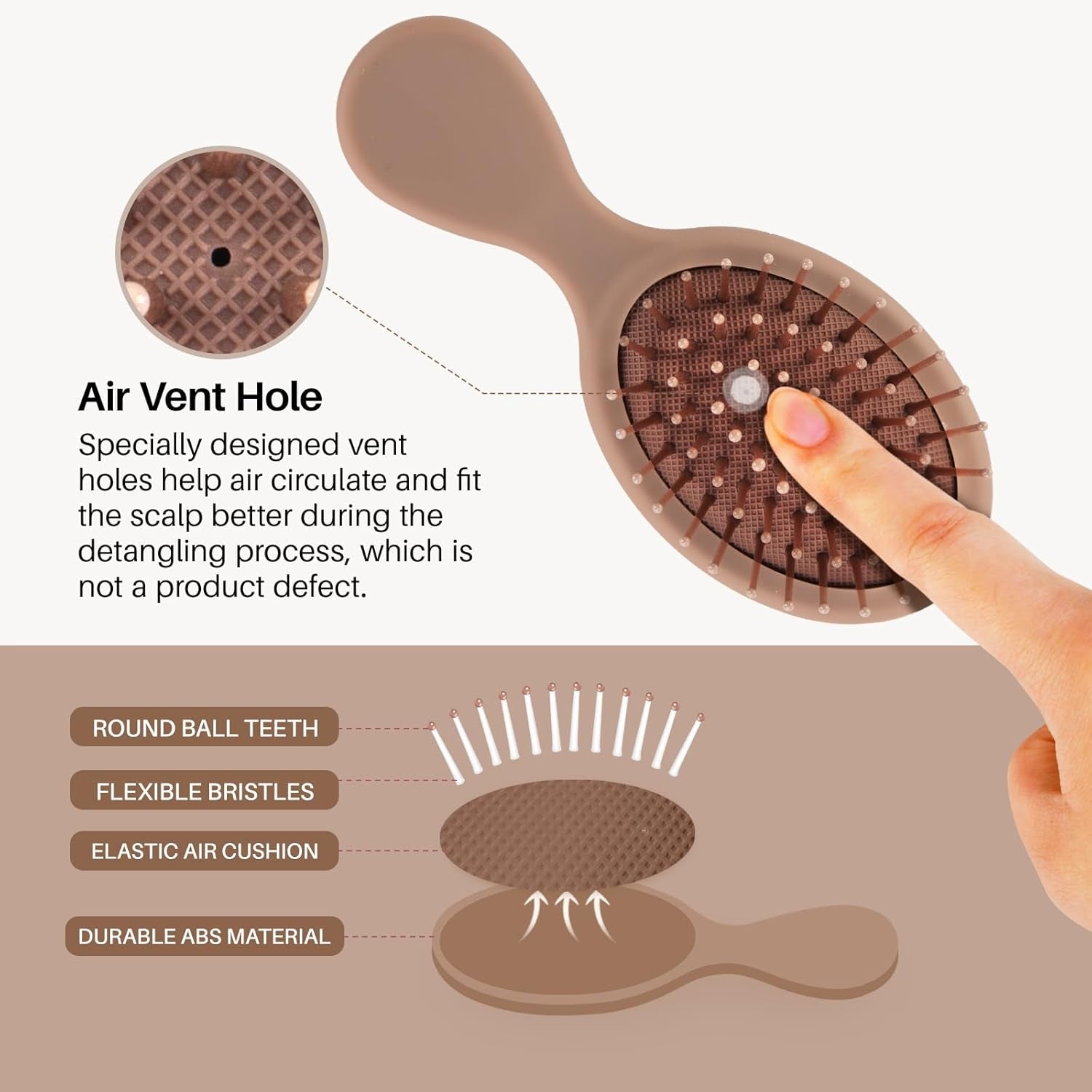 Mini Travel Paddle Hair Brush with Air Cushion for Adult&Kid and Wet&Dry Hair.Pocket Hair Comb for Massage Scalp/Detanling-For All Hair Types (Mocha)