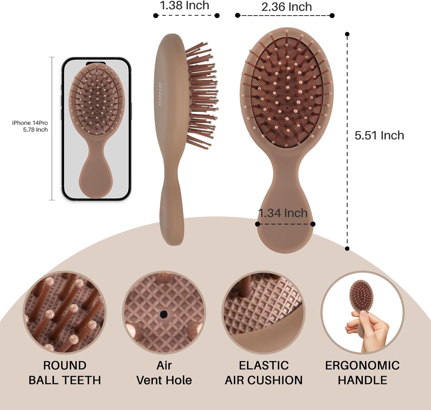 Mini Travel Paddle Hair Brush with Air Cushion for Adult&Kid and Wet&Dry Hair.Pocket Hair Comb for Massage Scalp/Detanling-For All Hair Types (Mocha)