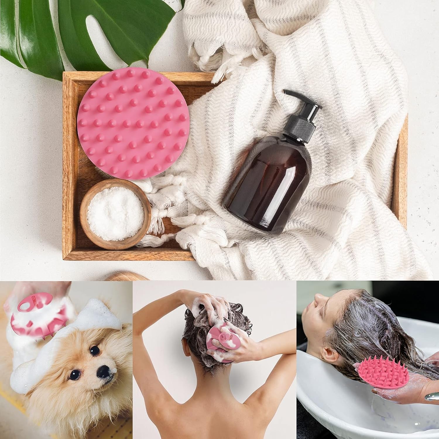 Scalp Massager Shampoo Brush, Wet & Dry Manual Scalp Care Head Scrubber Hair Washing, Soft Silicone Bristles, for Hair Growth, Dandruff Removal, Comfortable for All Hair Types (Pink)