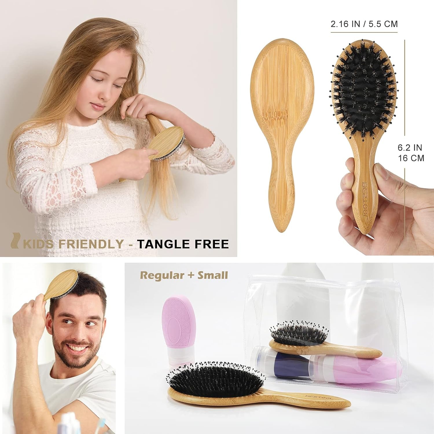 Hair Brush Set,  Boar Bristle Hair Brush Set with Detangling Nylon Pin, Home & Travel Hair Brushes for Women Men Kid All Wet or Dry Hair'S Detangle, Massage, Add Shine (Oval)