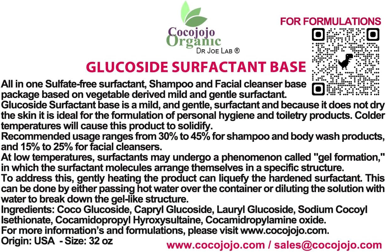 Glucoside Surfactant Base - Plant Derived All in One Natural Gentle Mild Rich Foaming Cleanser - Lauryl Decyl Coco Capryl Caprylyl Cosmetic Liquid Hand Soap Body Wash - 32 Oz