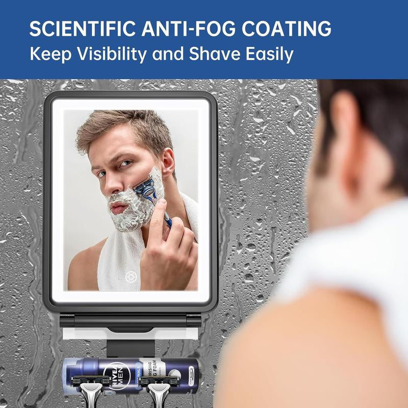COSMIRROR Shower Mirror Fogless for Shaving with Squeegee to Keep Clean or Remove Foggy Mess, Lighted Fogless Mirror for Shower Two Mounting Solution, Dimmable Lighting (3 Color Setting)