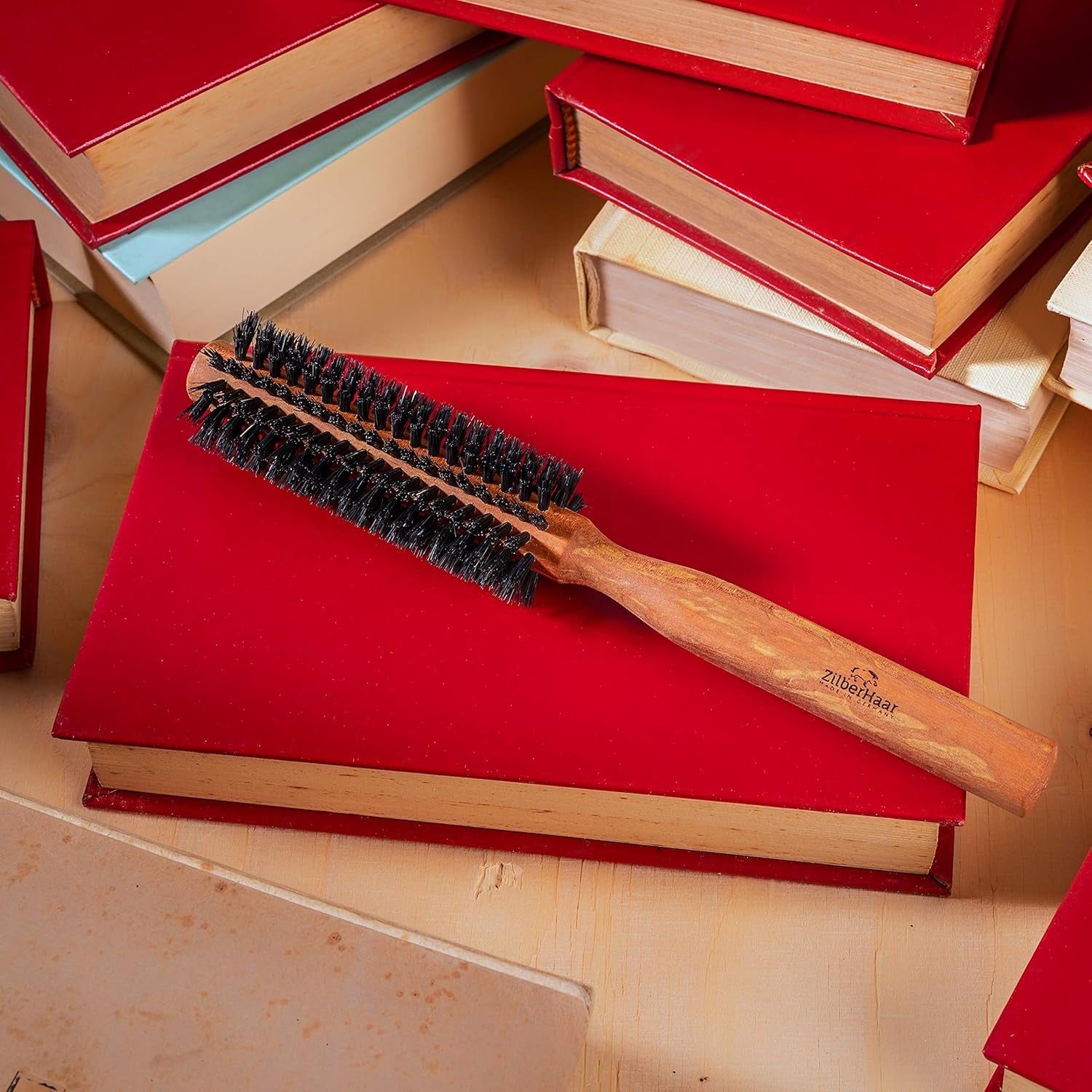 - Styler Hair and Beard Brush - round Brush, 1.3 Inch Stiff Boar Bristles and 8.5 Inch Pearwood Handle - 222 Plugs of Bristles - Beard Grooming Brush for Men