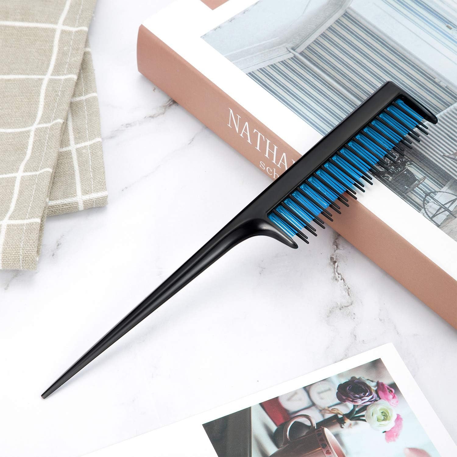 3 Pcs Triple Teasing Comb for Women Plastic Rat Tail Comb Heat Resistant Pintail Tease Layer Tool for Thick Fine Hair Styling Backcombing Volume Structure(Black and Blue)