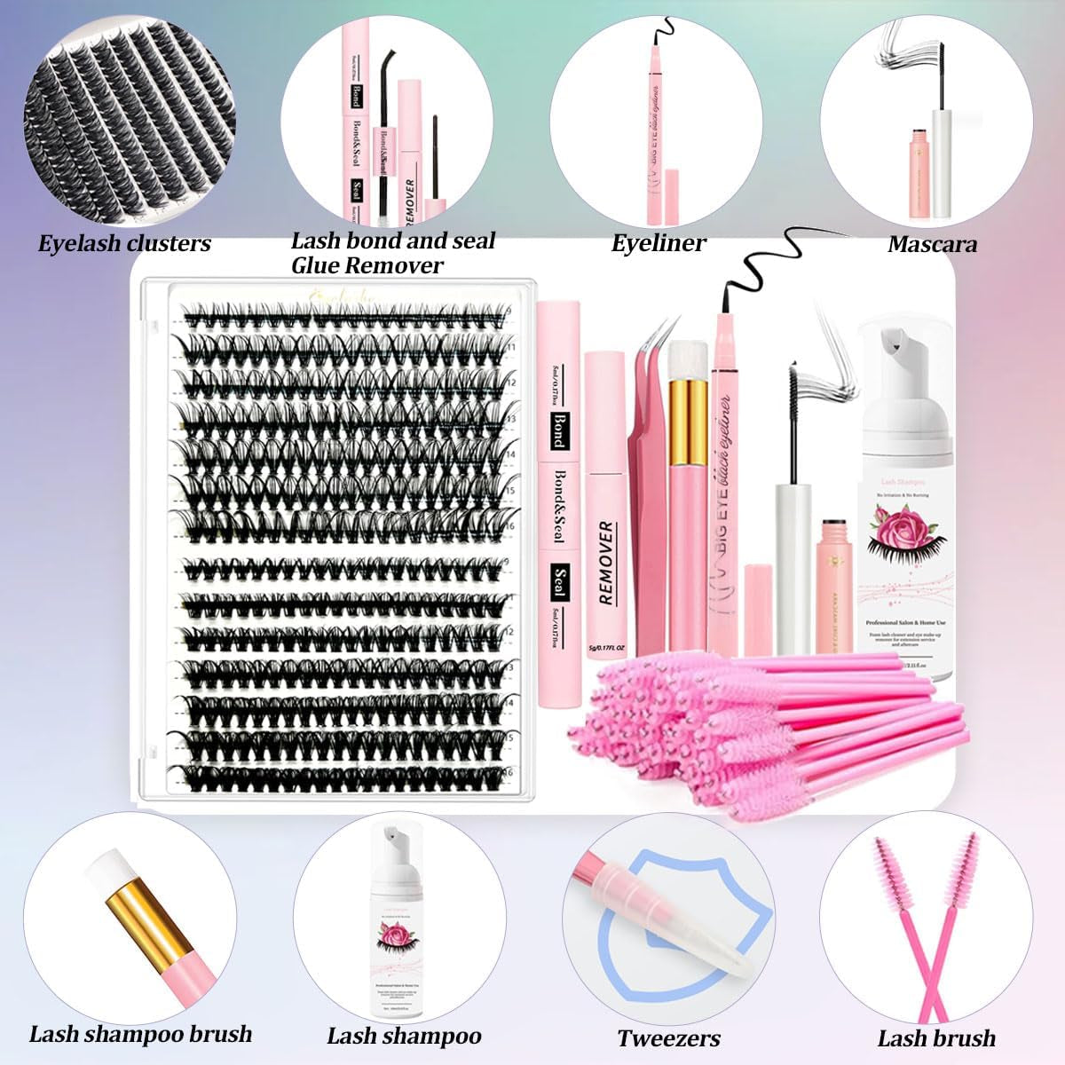 DIY Extension Kit 280 Pcs 9-16Mm 30D+40D Individual Lashes Clusters with Bond and Seal Glue Remover, Eyeliner, Mascara, Tweezers, Shampoo, Cleansing Brush
