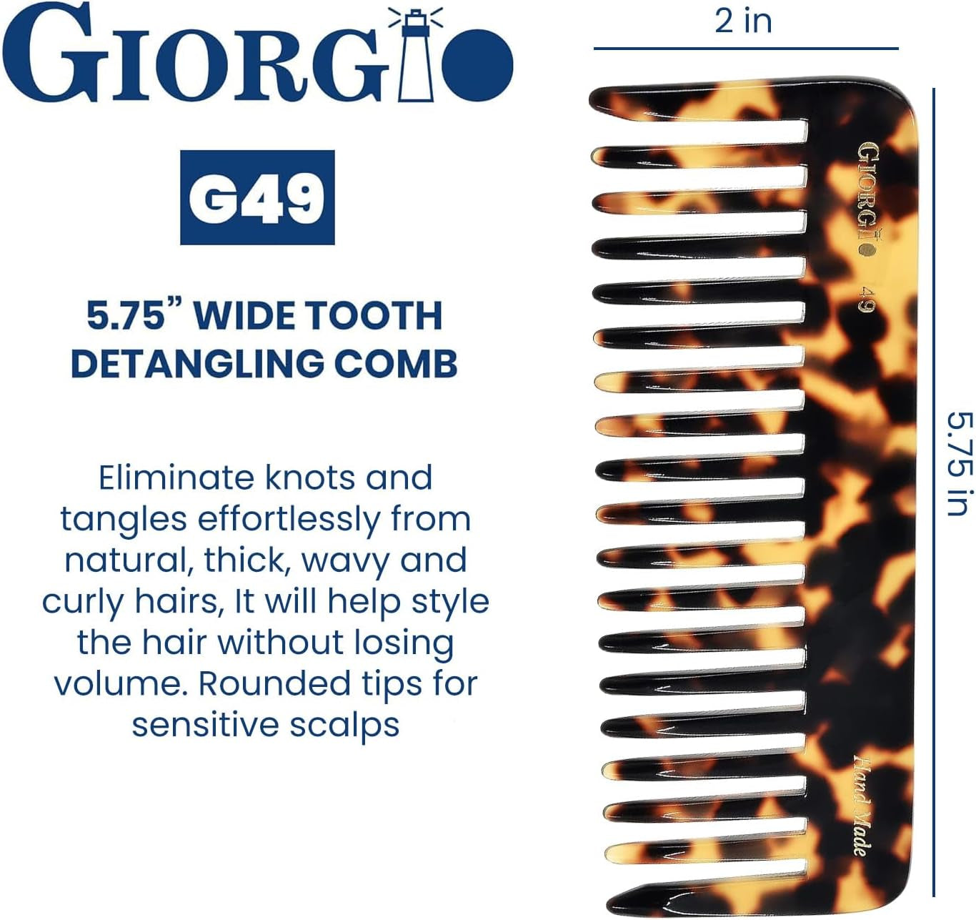 G49 Yellow Tokio, Large Hair Detangling Comb, Wide Teeth for Thick Curly Wavy Hair, Detangler Comb for Wet and Dry, Handmade of Quality Cellulose, Saw-Cut, Hand Polished