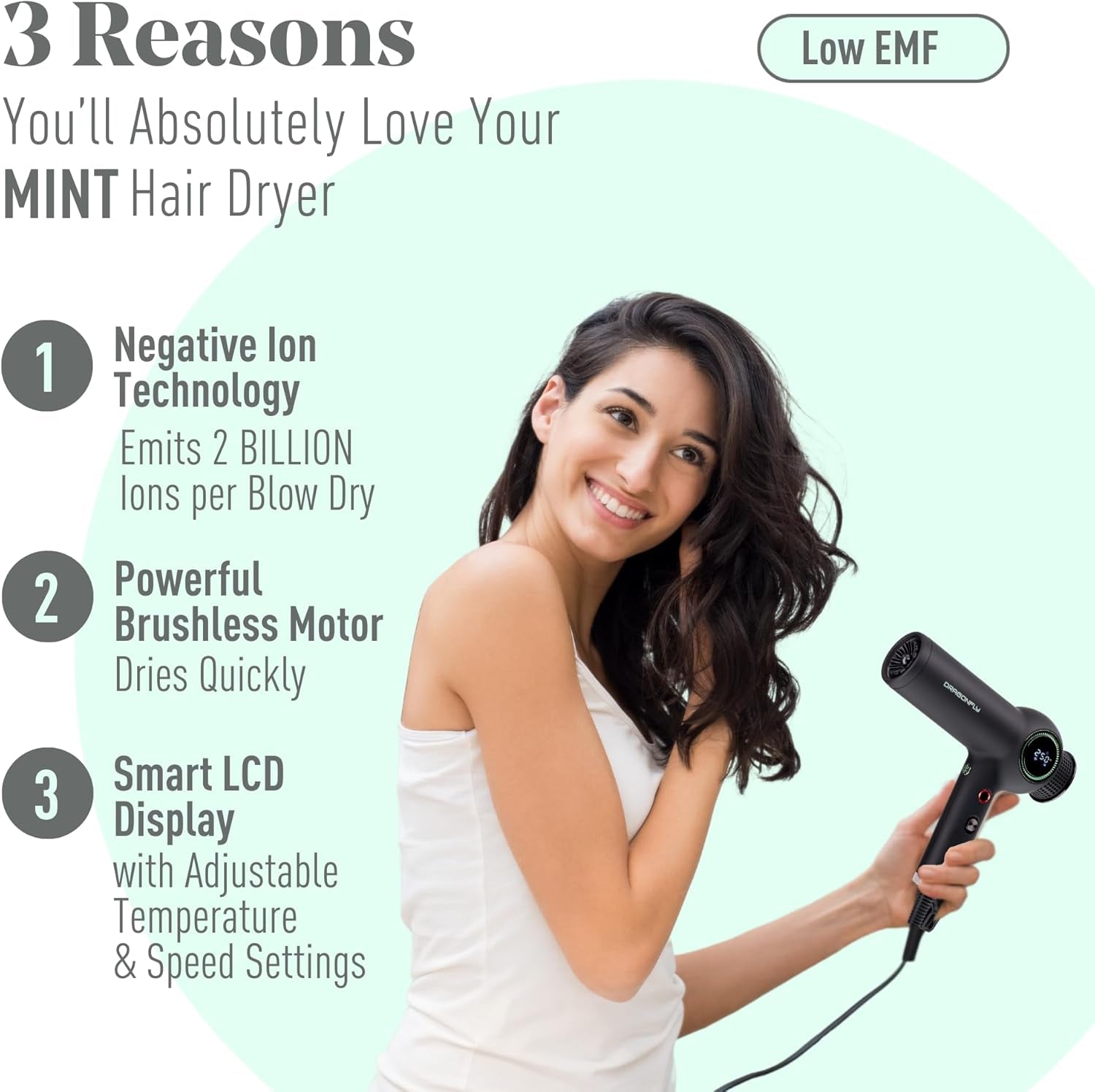 Dragonfly Ionic Hair Dryer with Diffuser | Lightweight Professional Hair Dryer | Smart Negative Ion | High Speed Hair Dryer | Brushless Ionic Blow Dryer | Low EMF