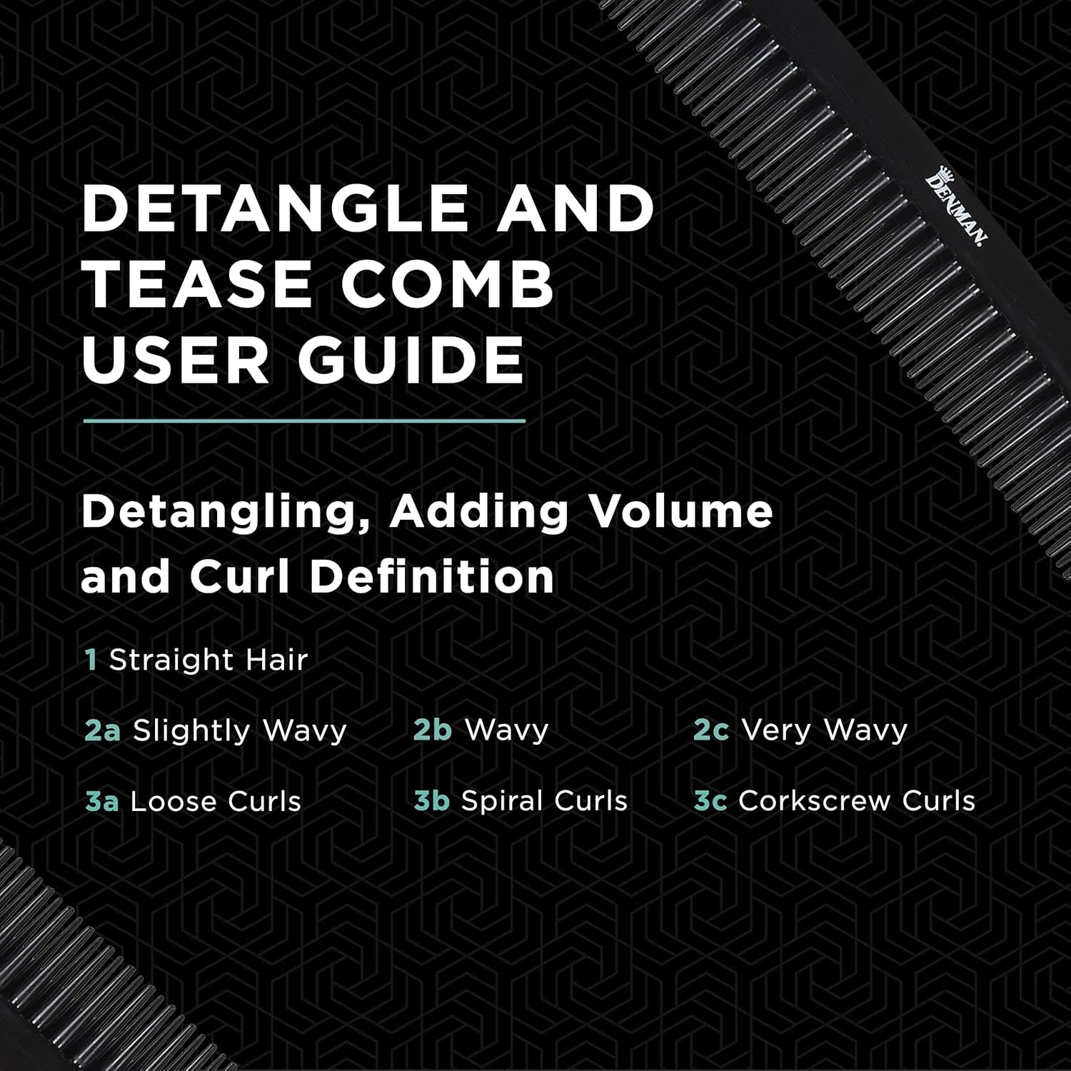 3 Row Detangle and Tease Styling Comb (BLACK) for Wet Detangling, Backcombing and Separating Curls - D12