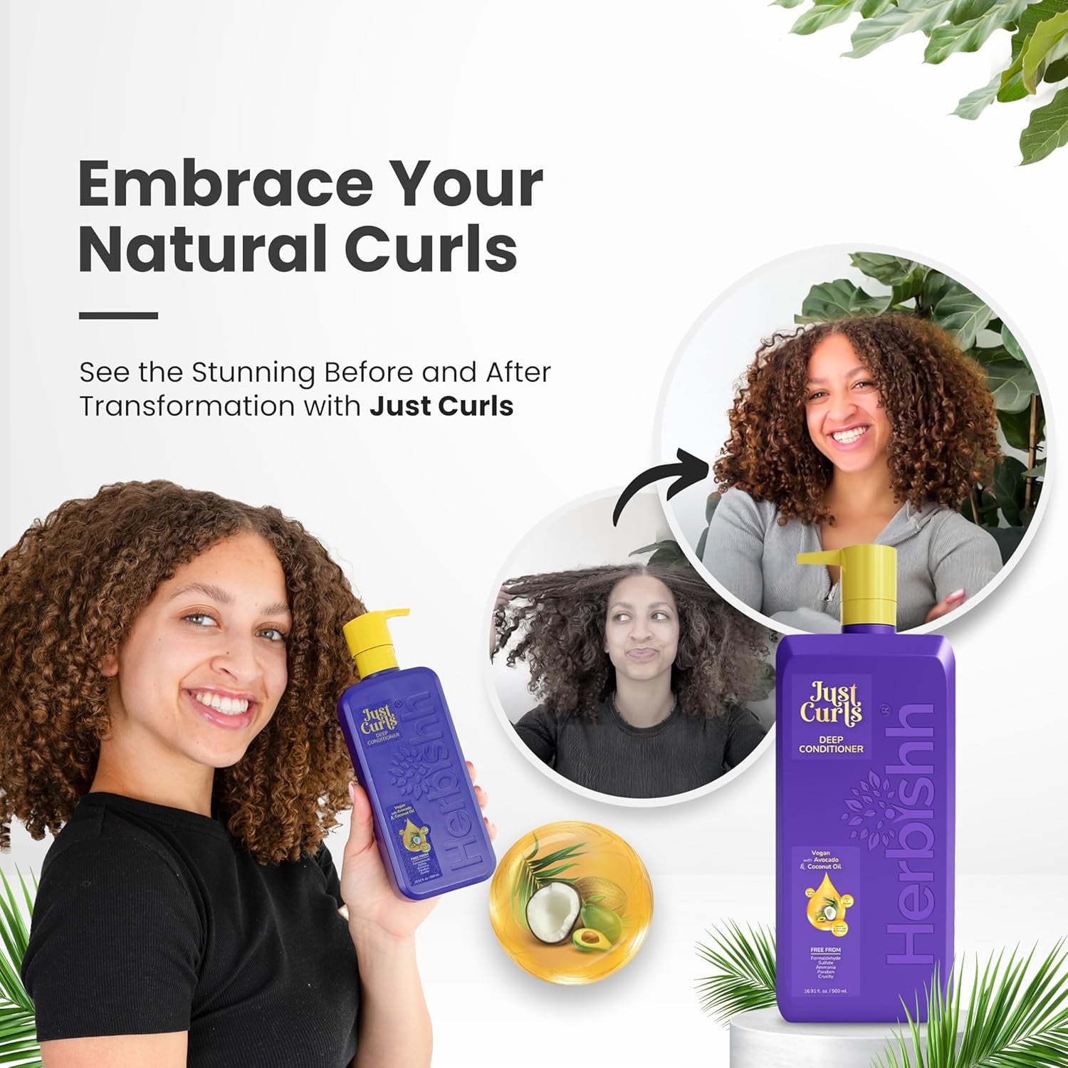 Just Curls Deep Conditioner for Curly & Wavy Hair – 500Ml – Vegan Formula with Avocado & Coconut Oil – Hydrates, Detangles & Restores Dry, Damaged Curls – Frizz Control & Curl Definition
