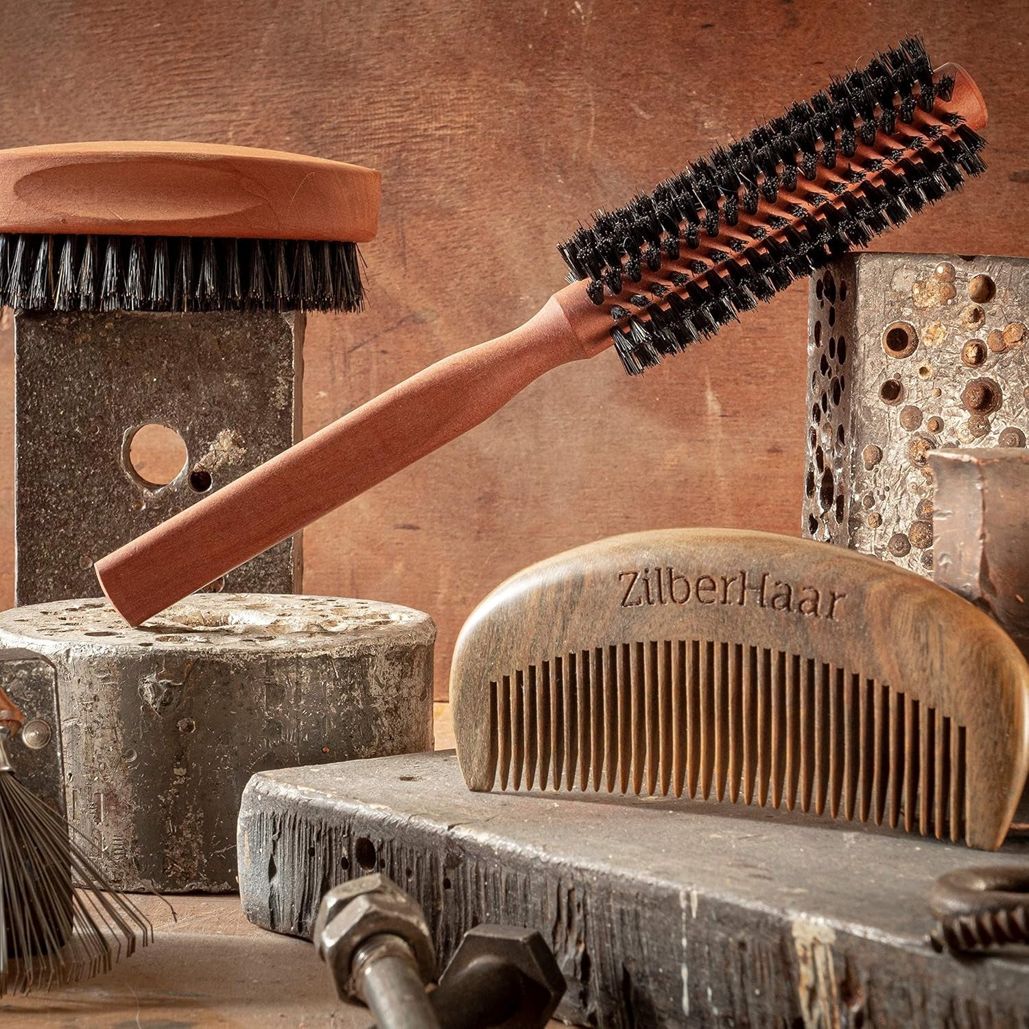 - Styler Hair and Beard Brush - round Brush, 1.3 Inch Stiff Boar Bristles and 8.5 Inch Pearwood Handle - 222 Plugs of Bristles - Beard Grooming Brush for Men