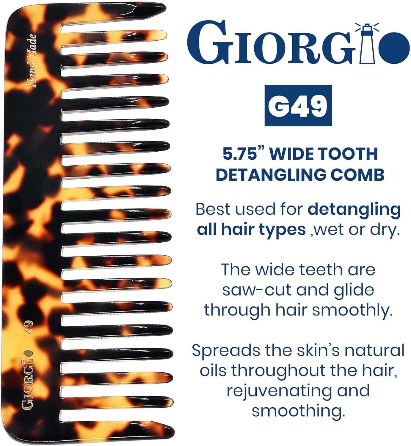G49 Yellow Tokio, Large Hair Detangling Comb, Wide Teeth for Thick Curly Wavy Hair, Detangler Comb for Wet and Dry, Handmade of Quality Cellulose, Saw-Cut, Hand Polished