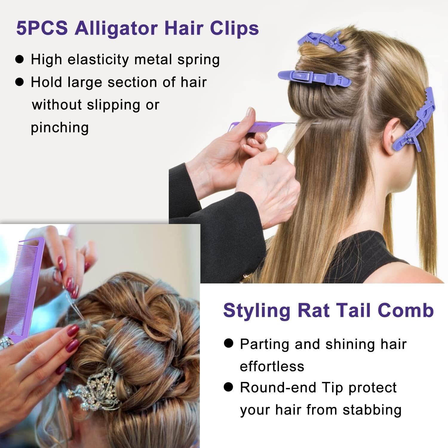 EZ Detangler Brush Set,  Detangling Hair Brush for Black Natural Hair Wide Tooth Comb with Rat Tail Comb 5PCS Alligator Clips for Men Women Kids(Purple)