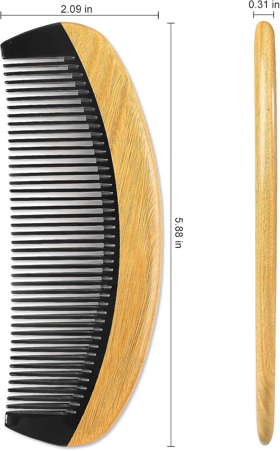 Handmade 100% Natural Green Sandalwood Hair Combs - Anti-Static Sandalwood Scent Natural Hair Detangler Wooden Comb (Buffalo Horn Oval Fine Tooth)