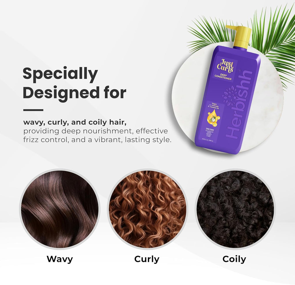 Just Curls Deep Conditioner for Curly & Wavy Hair – 500Ml – Vegan Formula with Avocado & Coconut Oil – Hydrates, Detangles & Restores Dry, Damaged Curls – Frizz Control & Curl Definition