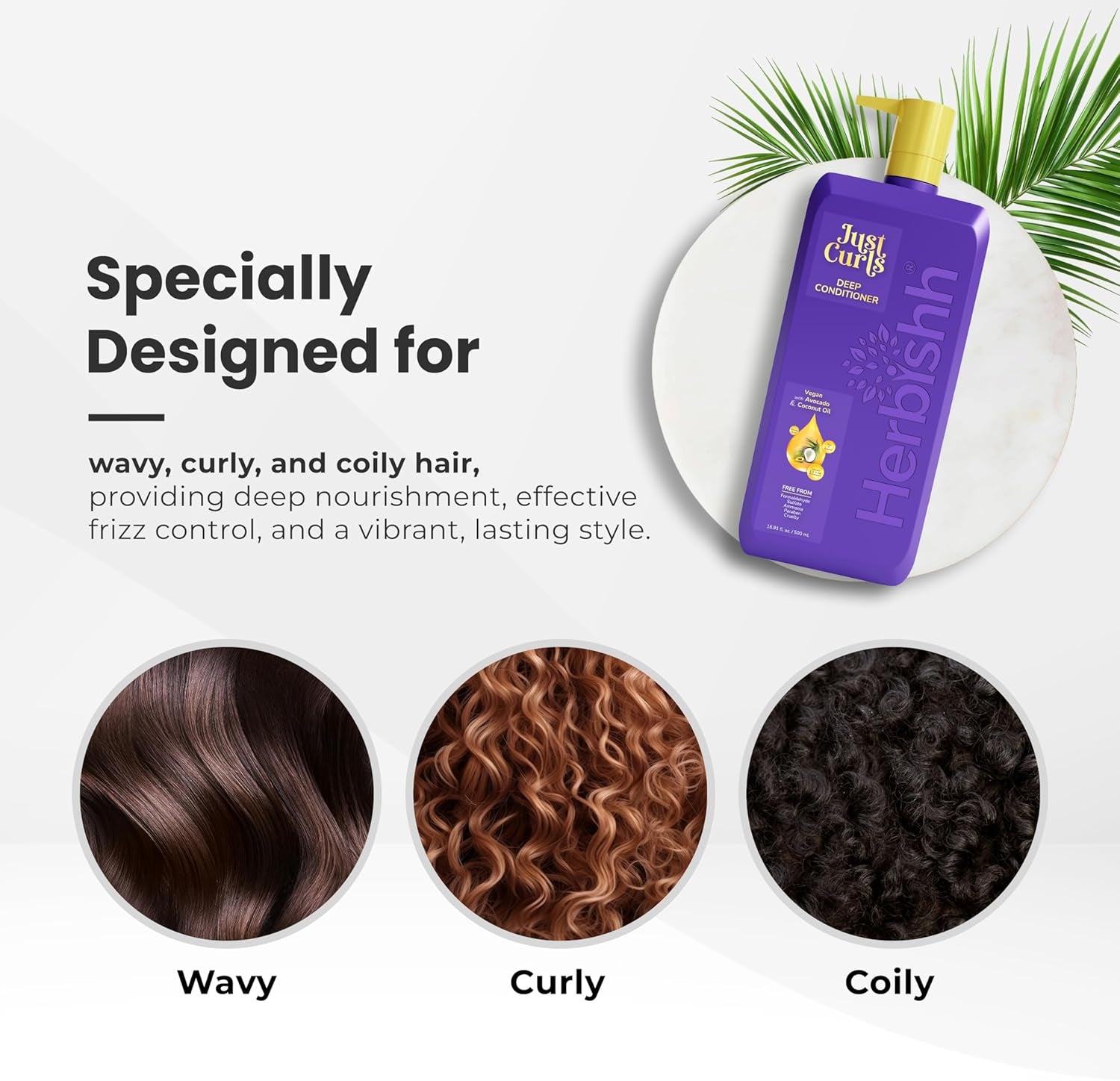 Just Curls Deep Conditioner for Curly & Wavy Hair – 500Ml – Vegan Formula with Avocado & Coconut Oil – Hydrates, Detangles & Restores Dry, Damaged Curls – Frizz Control & Curl Definition