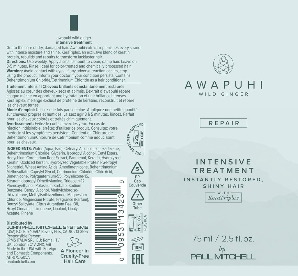 Awapuhi Wild Ginger by Paul Mitchell Intensive Treatment, Rebuilds + Repairs, for Dry, Damaged + Color-Treated Hair