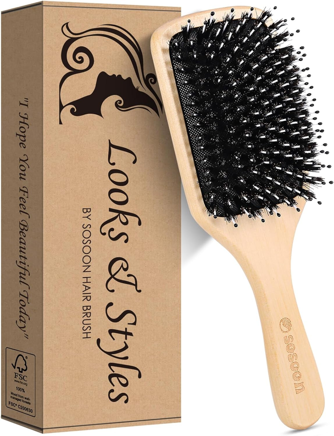 Hair Brush,  Boar Bristle Paddle Hairbrush for Long Short Thick Thin Curly Straight Wavy Dry Hair for Men Women Kids, No More Tangle, Giftbox & Tail Comb Included