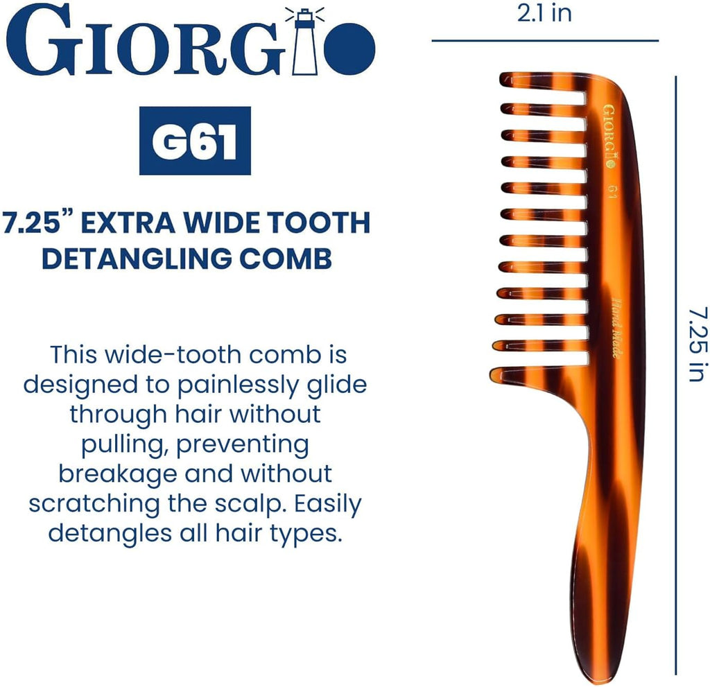 G61 Large Coarse Hair Detangling Comb, Wide Teeth for Long Thick Curly Wavy Hair. Hair Detangler Comb for Wet and Dry. Handmade Rake Comb Saw-Cut from Cellulose Hand Polished Tortoise Shell