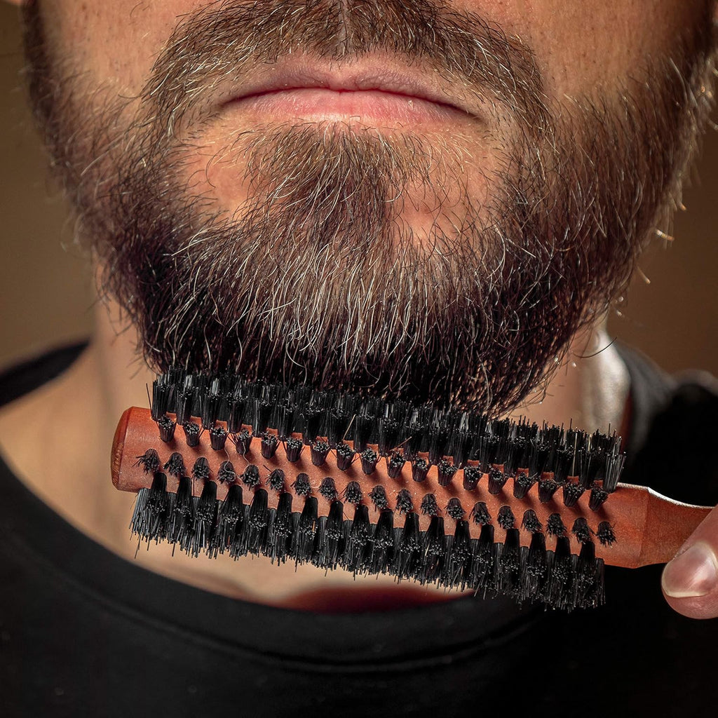 - Styler Hair and Beard Brush - round Brush, 1.3 Inch Stiff Boar Bristles and 8.5 Inch Pearwood Handle - 222 Plugs of Bristles - Beard Grooming Brush for Men