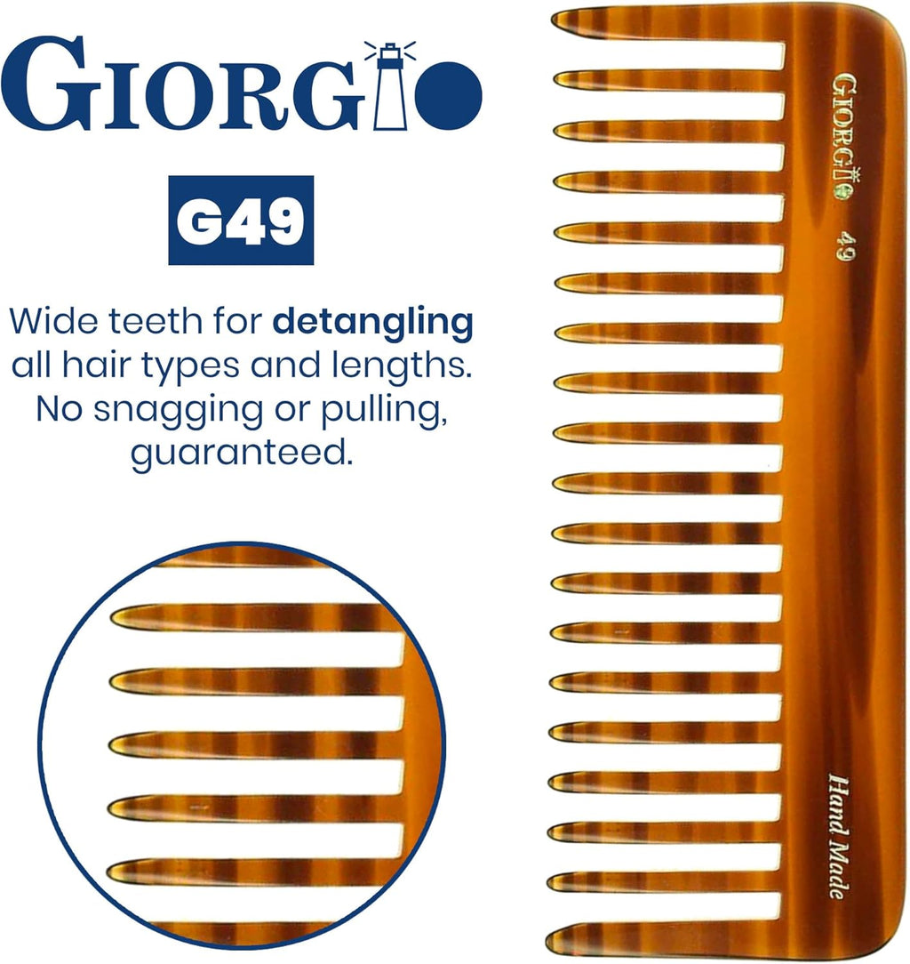 G49 Large 5.75 Inch Hair Detangling Comb, Wide Teeth for Thick Curly Wavy Hair. Long Hair Detangler Comb for Wet and Dry. Handmade of Quality Cellulose, Saw-Cut, Hand Polished, Tortoise Shell
