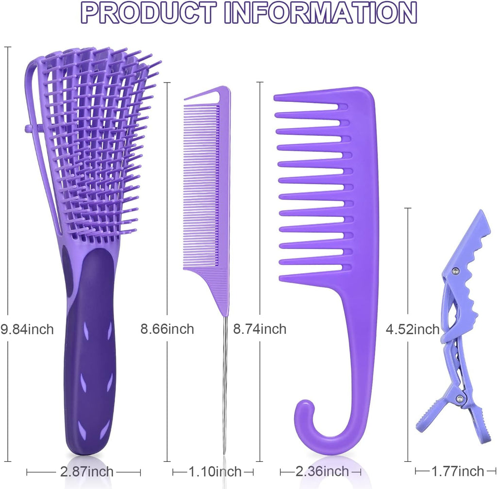 EZ Detangler Brush Set,  Detangling Hair Brush for Black Natural Hair Wide Tooth Comb with Rat Tail Comb 5PCS Alligator Clips for Men Women Kids(Purple)