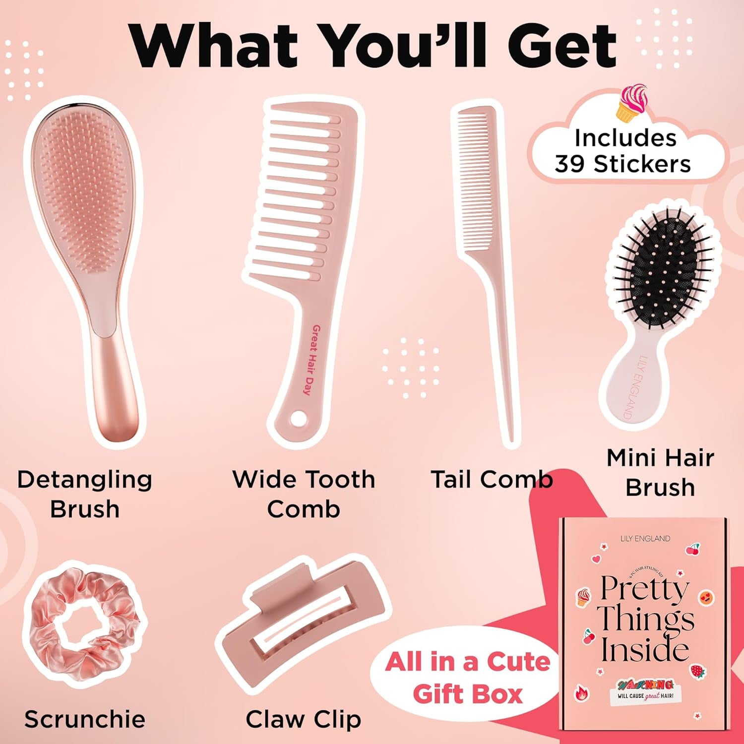 6 Pcs Hair Brush Set with Brush & Combs - Detangling Brush for All Types with Wide Tooth & Tail Comb, Scrunchie & Claw Clip - Hair Care Gift Set with Stickers for Teen Girls, Women & Kids