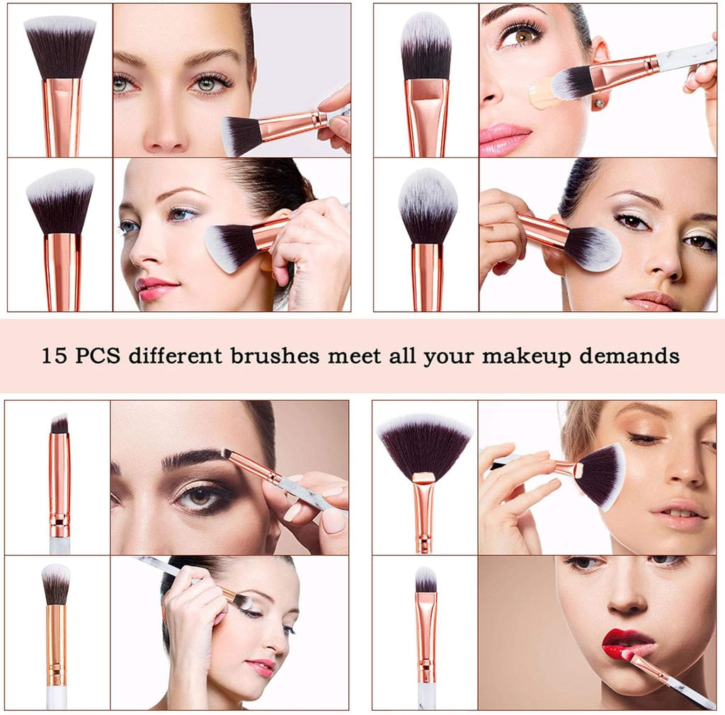 Makeup Brushes  15Pcs Marble Makeup Brush Set Premium Synthetic Kabuki Powder Blush Contour Foundation Concealer Eyeshadow Brushes with Makeup Sponge Make up Tool