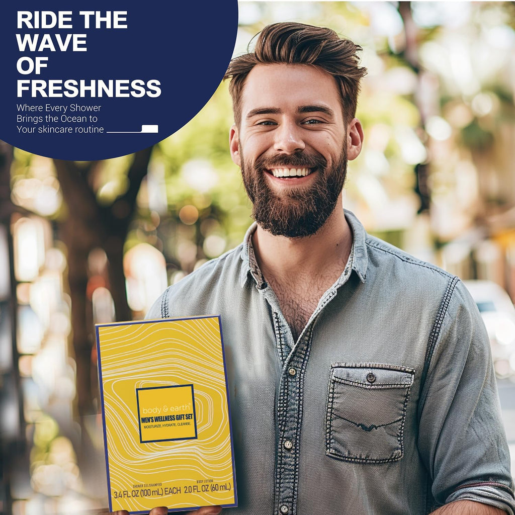 Spa Gifts Set for Men, 3Pcs Bath Gift Box with Fresh Ocean Scent, Body and Earth Bodywash Set with Shower Gel, Body Lotion and Shampoo. Birthday Fathers Day Gifts Baskets for Him, Dad, Husband, Boyfriend