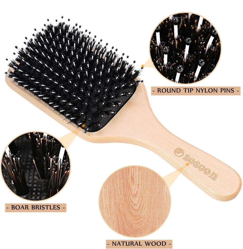 Hair Brush,  Boar Bristle Paddle Hairbrush for Long Short Thick Thin Curly Straight Wavy Dry Hair for Men Women Kids, No More Tangle, Giftbox & Tail Comb Included