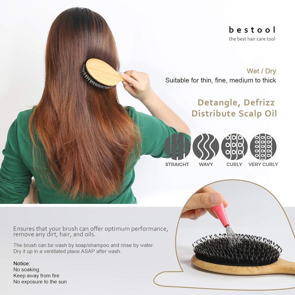 Hair Brush Set,  Boar Bristle Hair Brush Set with Detangling Nylon Pin, Home & Travel Hair Brushes for Women Men Kid All Wet or Dry Hair'S Detangle, Massage, Add Shine (Oval)
