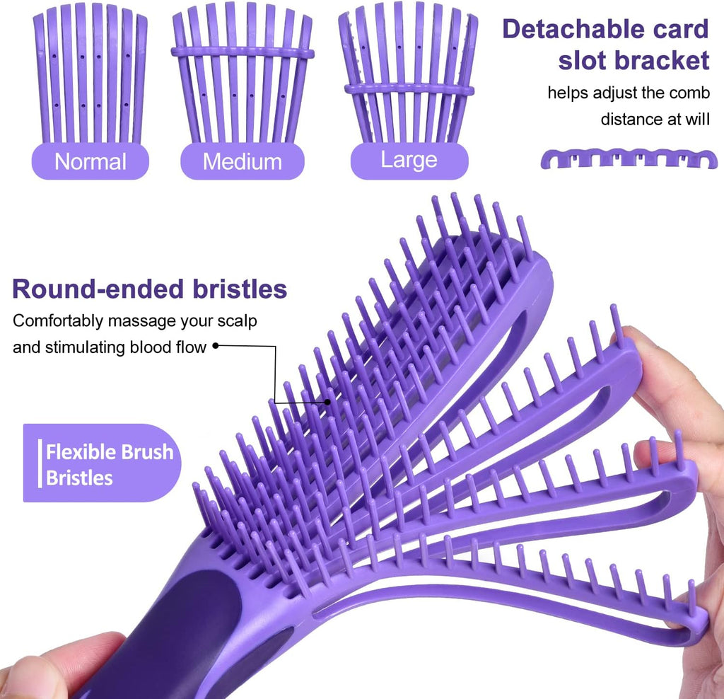 EZ Detangler Brush Set,  Detangling Hair Brush for Black Natural Hair Wide Tooth Comb with Rat Tail Comb 5PCS Alligator Clips for Men Women Kids(Purple)