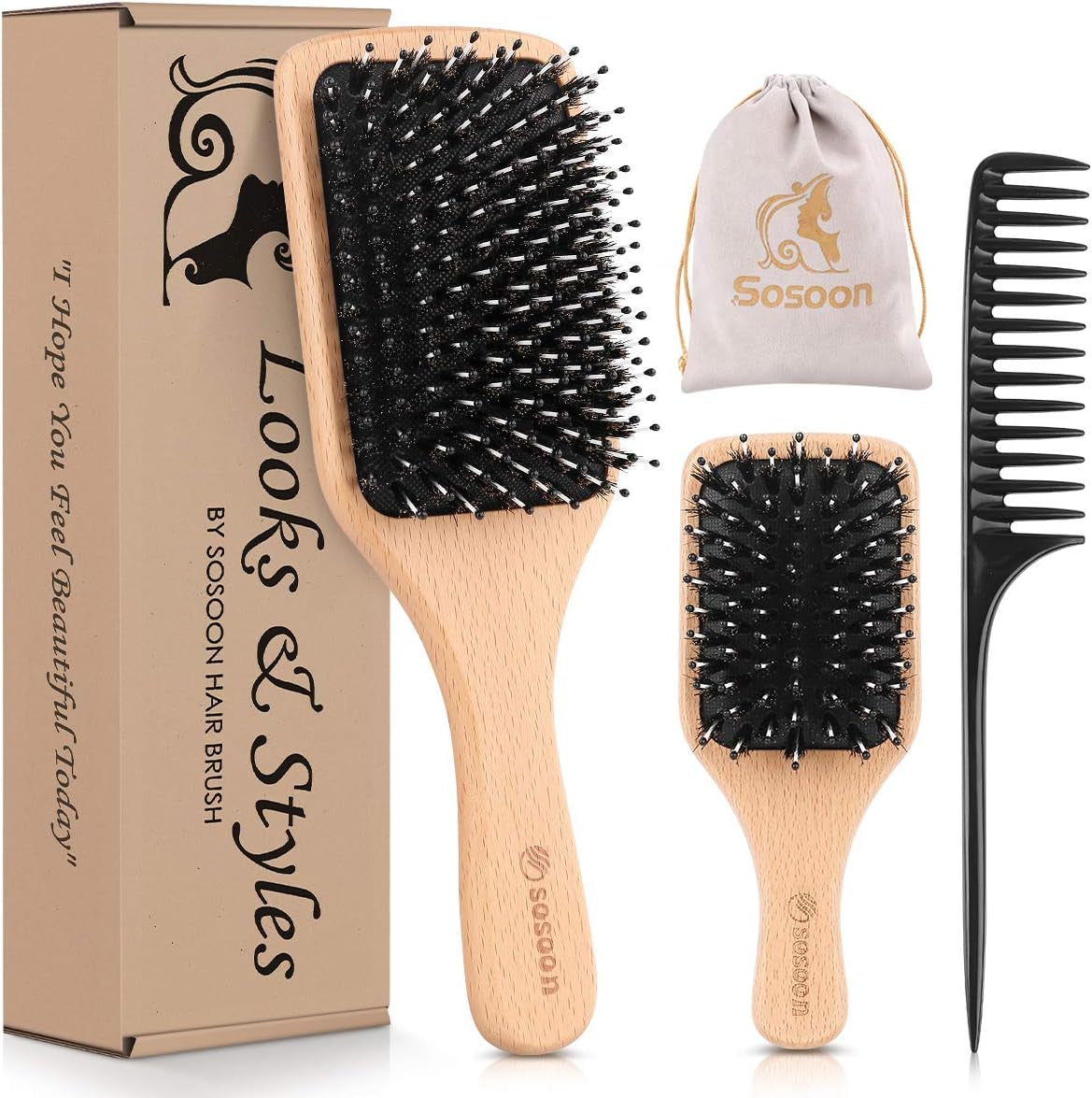 Hair Brush, 2 Pack Boar Bristle Paddle Hairbrush for Women Men Kids Reducing Frizzy, No More Tangle, Small Travel Brush Tail Comb & Giftbox Included