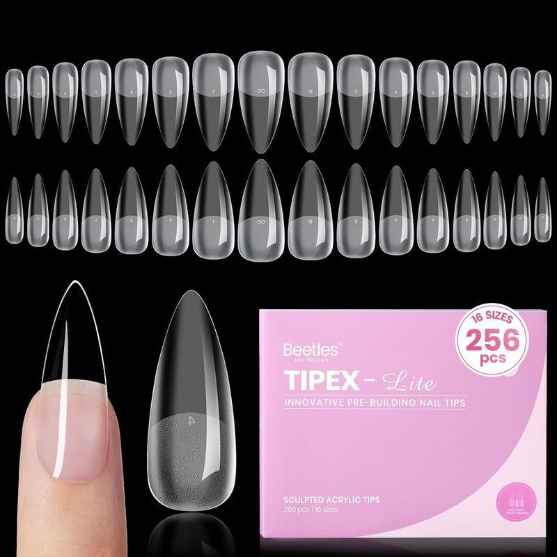 Beetles Tipex Lite Apex Nail Tips, 96PCS 256PCS 512PCS Stiletto Square Almond Coffin Pre-Building Pre-Etched Acrylic Nail Tips for Flat Nails & C-Curves Nail Beds